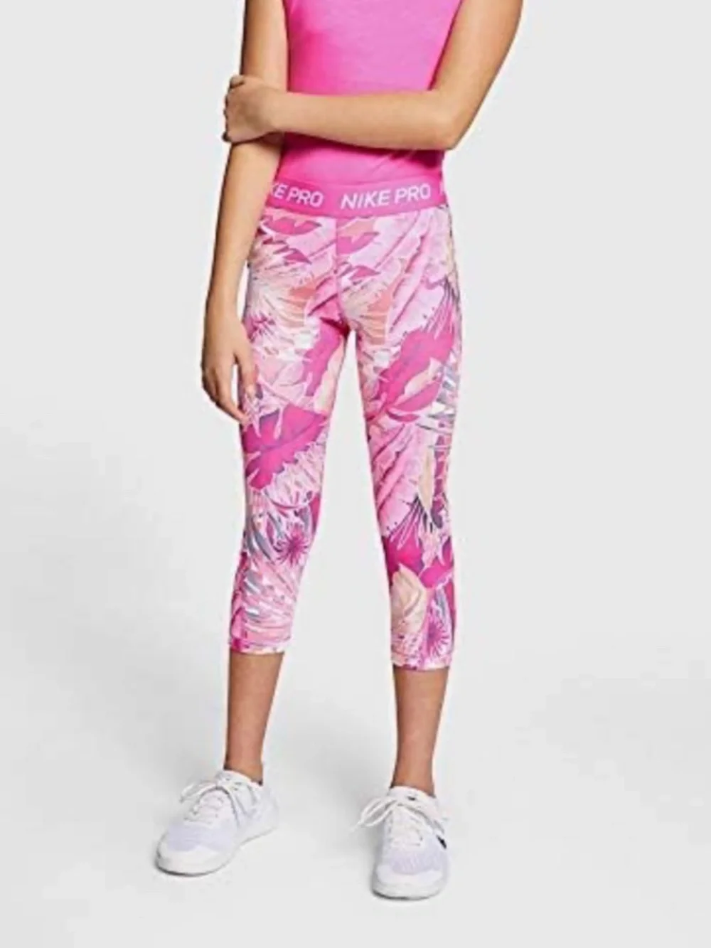 Nike Pro Dri-FIT Girls Pink Tropical Palm Print Cropped Athletic Leggings Size M
